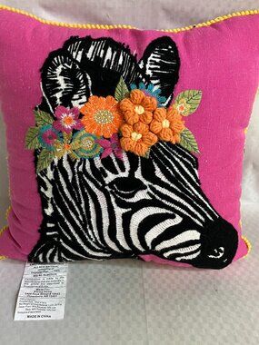 Karma Home Throw Pillow 16x16 Inch Multicolor Zebra Floral Embroidered Pom Trim